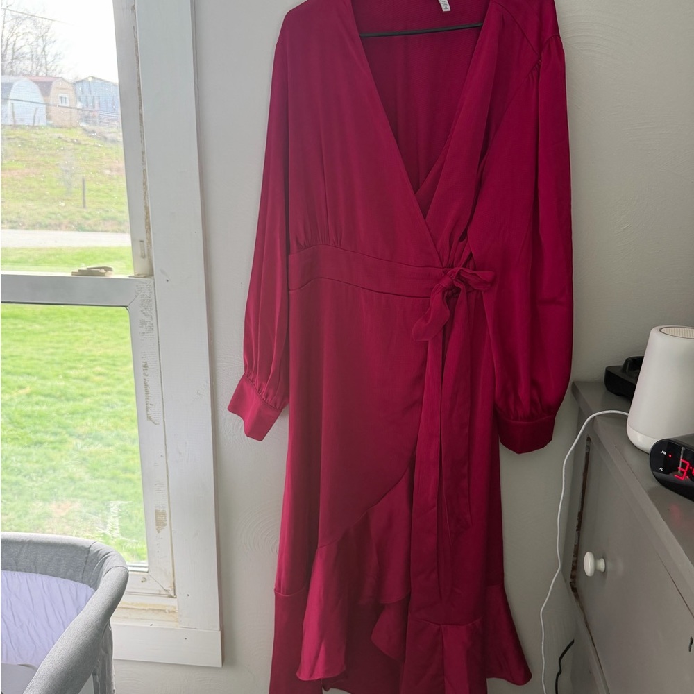 Midi Wrap Dress in Berry with Tie Waist